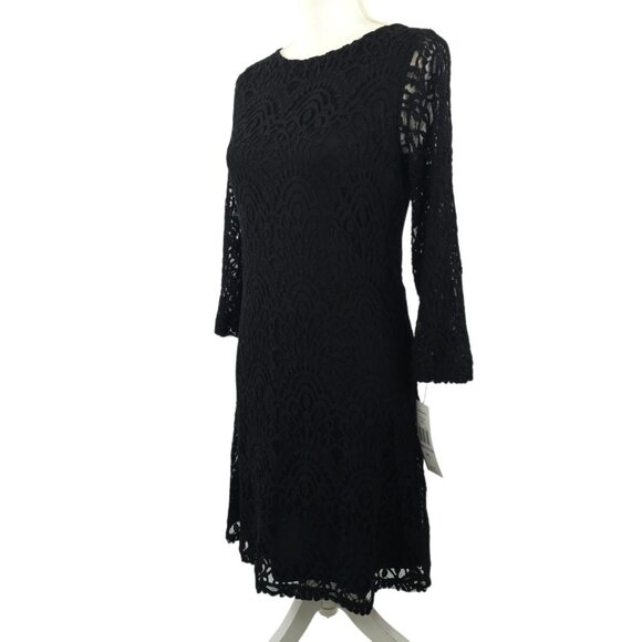 Sharagano Classic Floral Lace Sheath Dress 6 Long Sleeve Scalloped Trim Cocktail - Picture 2 of 16